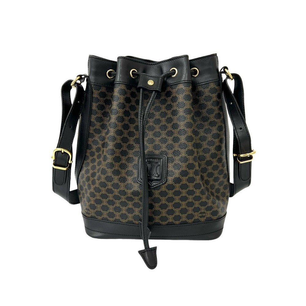 CELINE Vintage Macadam Blazon Pattern Leather Drawstring Shoulder Bag/Pouch B...
